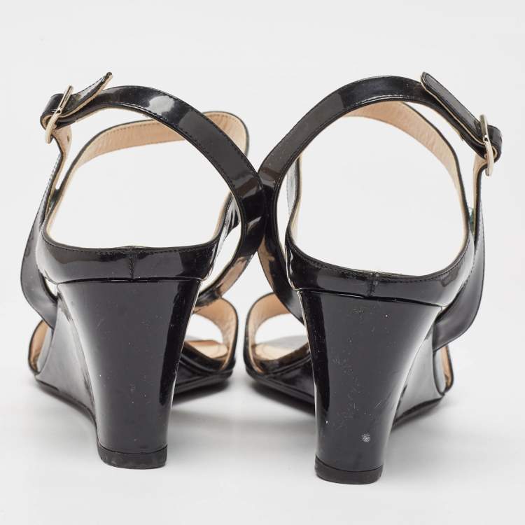 Pre Owned Prada Black Patent Leather Ankle Strap Wedge Sandals Size 39.5 