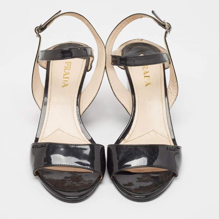 Pre Owned Prada Black Patent Leather Ankle Strap Wedge Sandals Size 39.5 