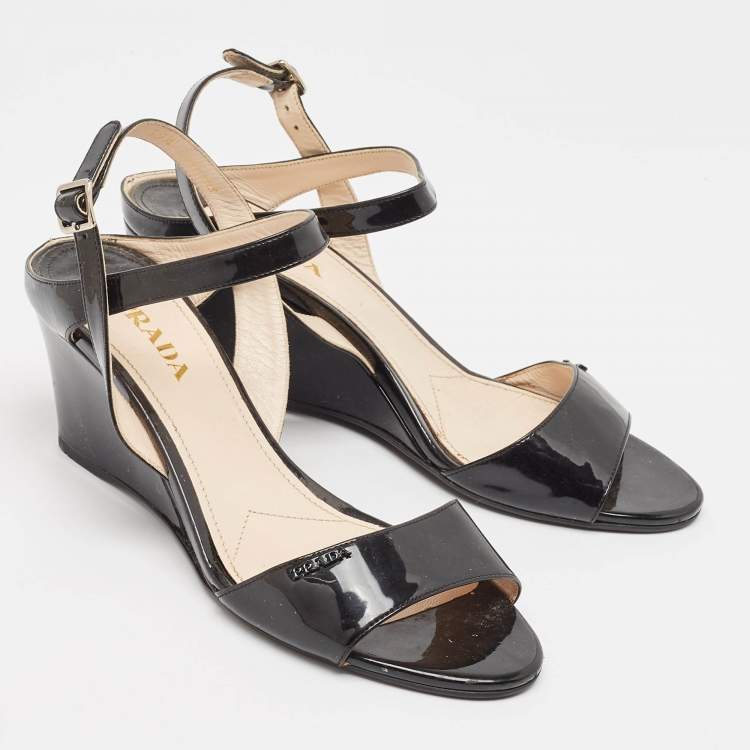 Pre Owned Prada Black Patent Leather Ankle Strap Wedge Sandals Size 39.5 
