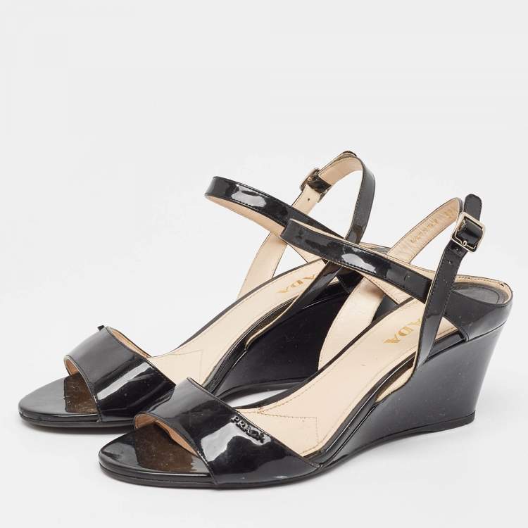 Pre Owned Prada Black Patent Leather Ankle Strap Wedge Sandals Size 39.5 