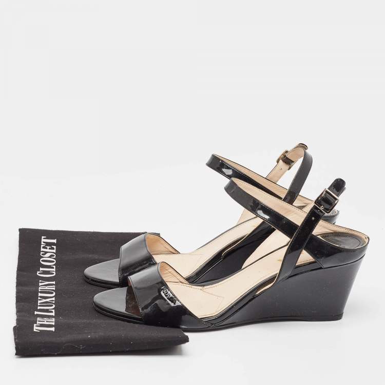 Pre Owned Prada Black Patent Leather Ankle Strap Wedge Sandals Size 39.5 
