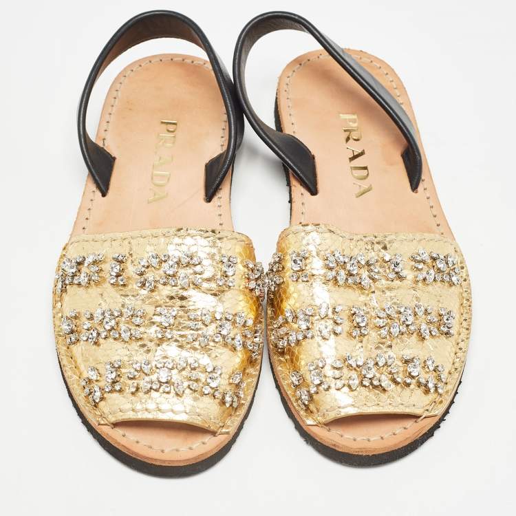 Pre Owned Prada Black/Gold Snakeskin Embossed Crystal Embellished Slingback Flats Size 39.5