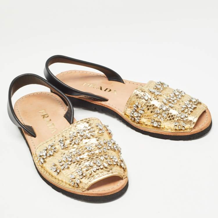 Pre Owned Prada Black/Gold Snakeskin Embossed Crystal Embellished Slingback Flats Size 39.5