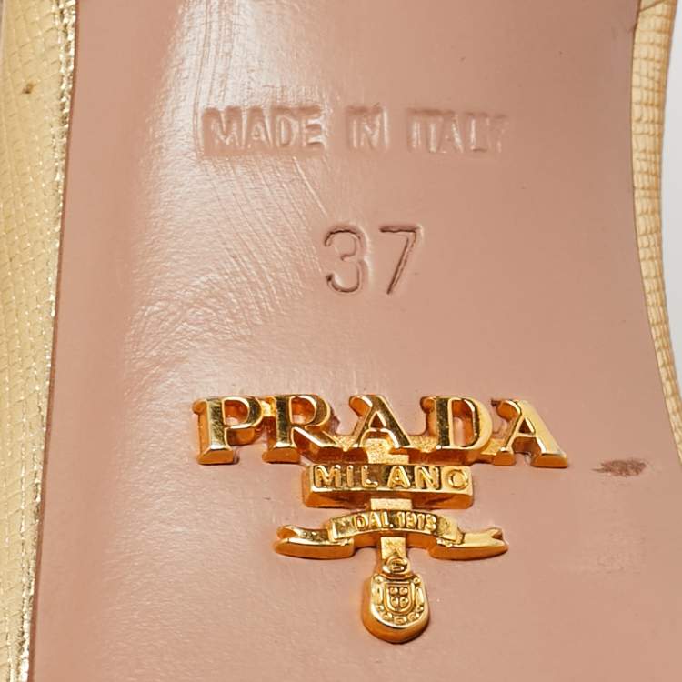 Pre Owned Prada Gold Leather Bow Strappy Slingback Sandals Size 37