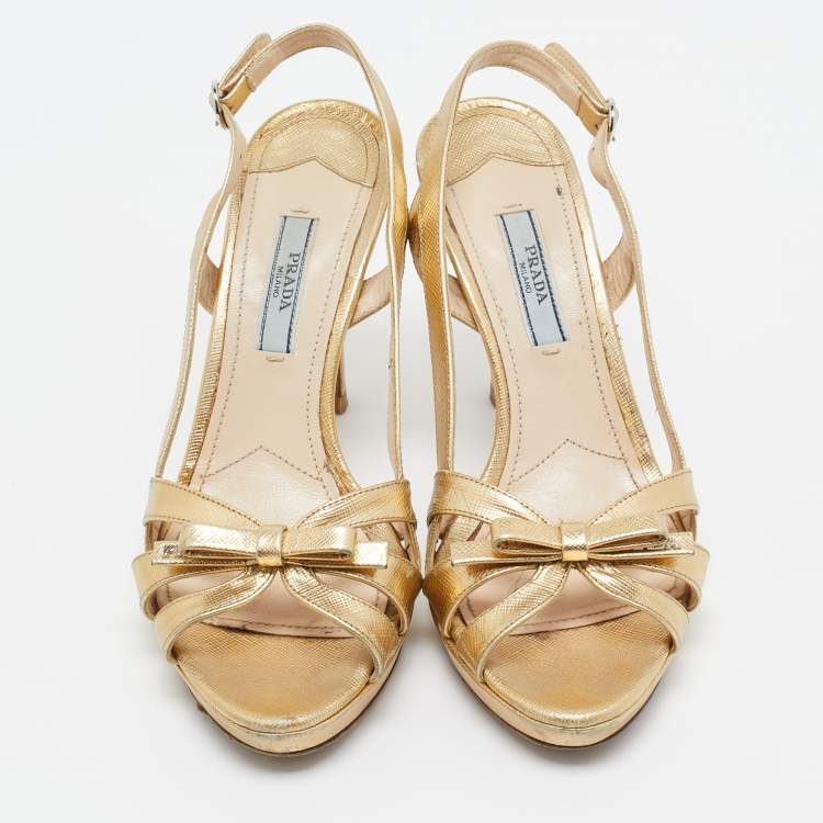 Pre Owned Prada Gold Leather Bow Strappy Slingback Sandals Size 37