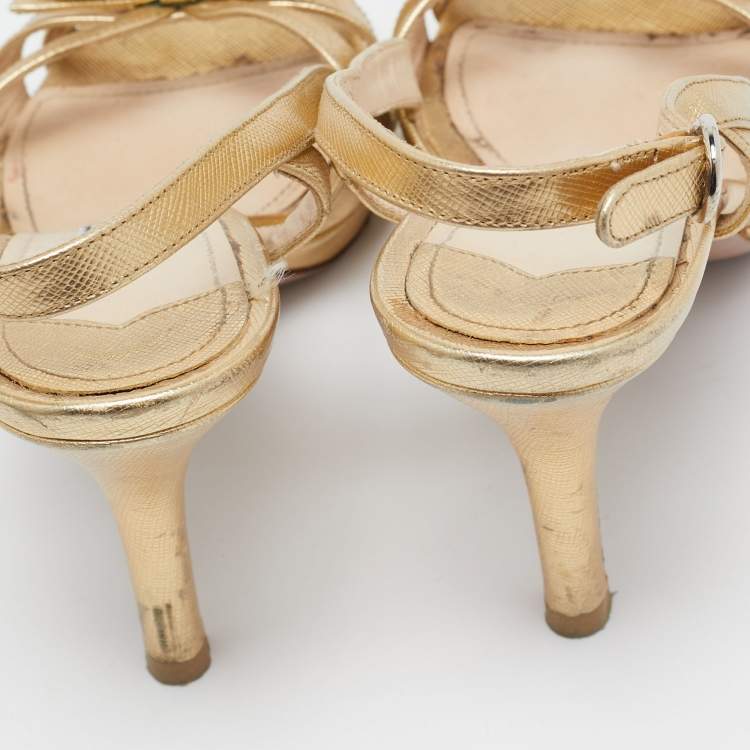 Pre Owned Prada Gold Leather Bow Strappy Slingback Sandals Size 37