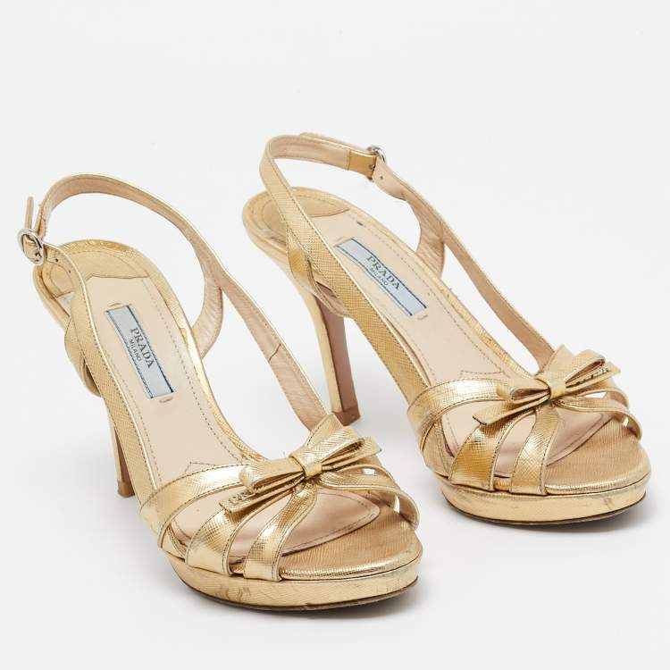 Pre Owned Prada Gold Leather Bow Strappy Slingback Sandals Size 37