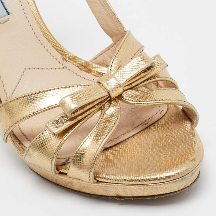 Pre Owned Prada Gold Leather Bow Strappy Slingback Sandals Size 37