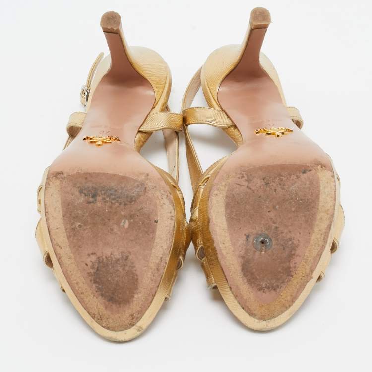 Pre Owned Prada Gold Leather Bow Strappy Slingback Sandals Size 37