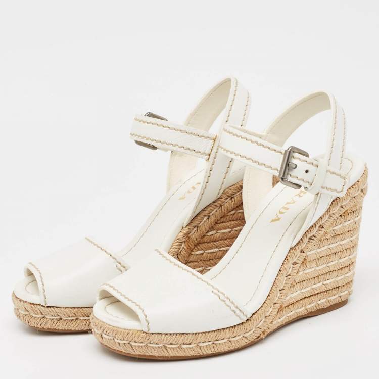 Pre Owned Prada White Leather Espadrille Platform Wedge Ankle Strap Sandals Size 39.5