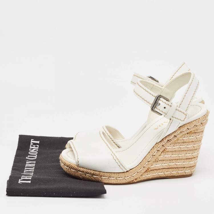 Pre Owned Prada White Leather Espadrille Platform Wedge Ankle Strap Sandals Size 39.5