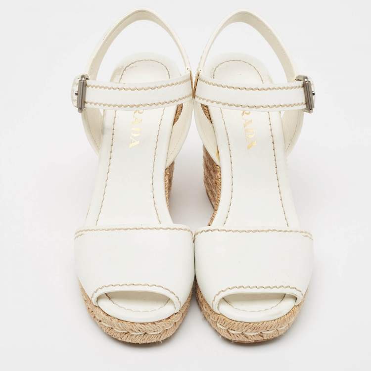 Pre Owned Prada White Leather Espadrille Platform Wedge Ankle Strap Sandals Size 39.5