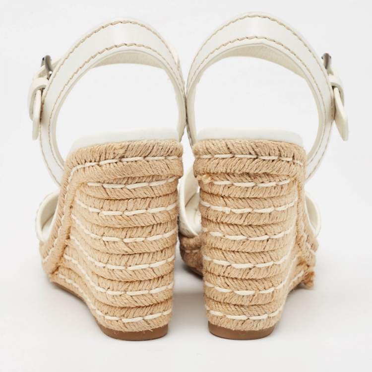 Pre Owned Prada White Leather Espadrille Platform Wedge Ankle Strap Sandals Size 39.5