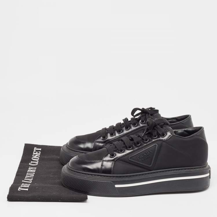 Pre Owned Prada Black Brushed Leather Re Nylon Lace Up Sneakers Size 40
