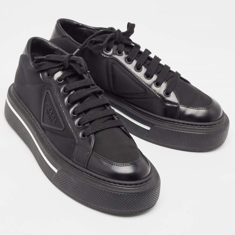 Pre Owned Prada Black Brushed Leather Re Nylon Lace Up Sneakers Size 40