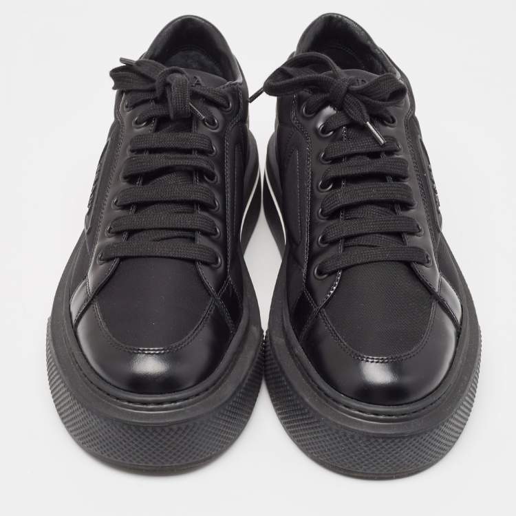 Pre Owned Prada Black Brushed Leather Re Nylon Lace Up Sneakers Size 40