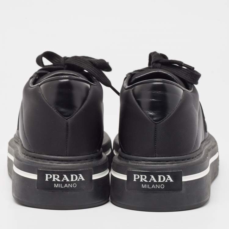 Pre Owned Prada Black Brushed Leather Re Nylon Lace Up Sneakers Size 40