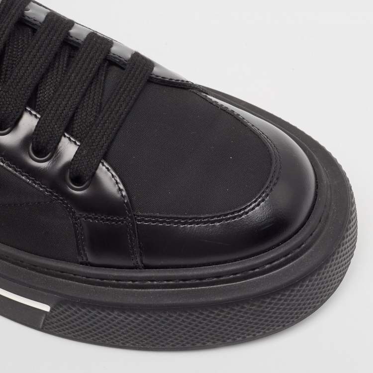 Pre Owned Prada Black Brushed Leather Re Nylon Lace Up Sneakers Size 40