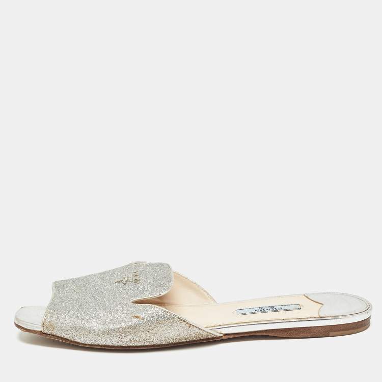 Pre Owned Prada Silver Glitter Slide Flats Size 39