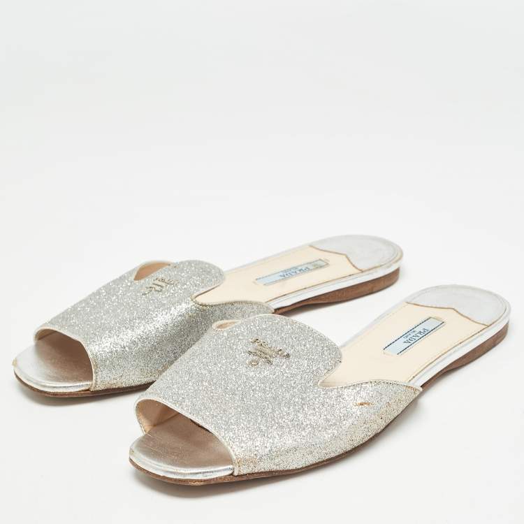 Pre Owned Prada Silver Glitter Slide Flats Size 39