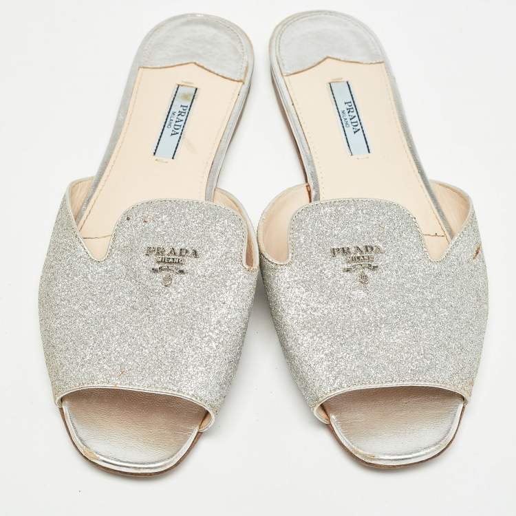 Pre Owned Prada Silver Glitter Slide Flats Size 39