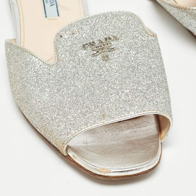 Pre Owned Prada Silver Glitter Slide Flats Size 39