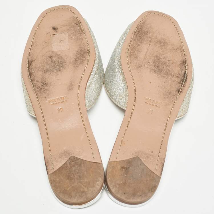 Pre Owned Prada Silver Glitter Slide Flats Size 39