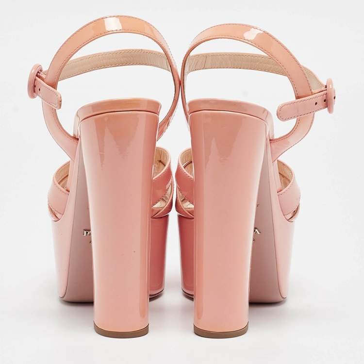 Pre Owned Prada Pink Patent Leather Platform Ankle Strap Sandals Size 39