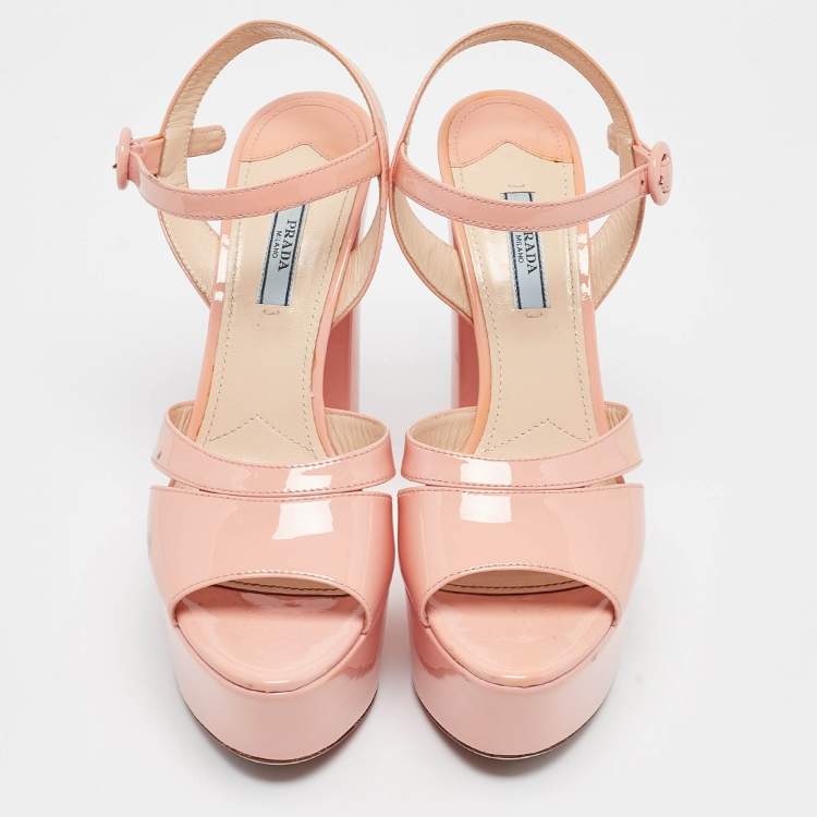 Pre Owned Prada Pink Patent Leather Platform Ankle Strap Sandals Size 39