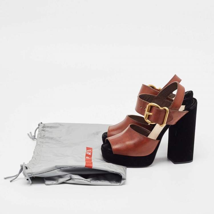 Pre Owned Prada Black/Brown Velvet and Leather Cutout Accent Platform Block Heel Ankle Strap Sandals Size 37