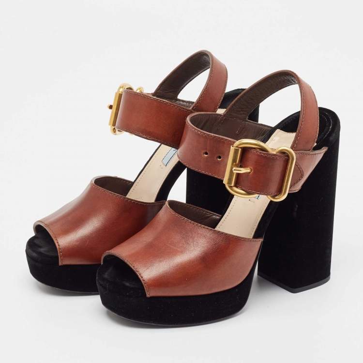 Pre Owned Prada Black/Brown Velvet and Leather Cutout Accent Platform Block Heel Ankle Strap Sandals Size 37