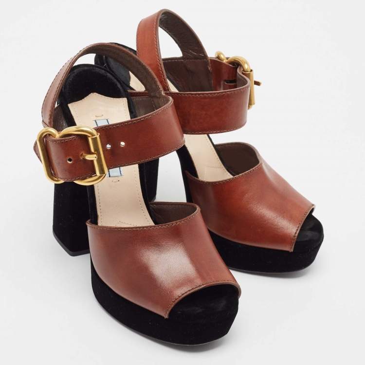 Pre Owned Prada Black/Brown Velvet and Leather Cutout Accent Platform Block Heel Ankle Strap Sandals Size 37