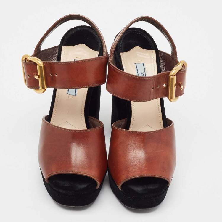 Pre Owned Prada Black/Brown Velvet and Leather Cutout Accent Platform Block Heel Ankle Strap Sandals Size 37