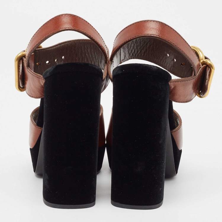 Pre Owned Prada Black/Brown Velvet and Leather Cutout Accent Platform Block Heel Ankle Strap Sandals Size 37