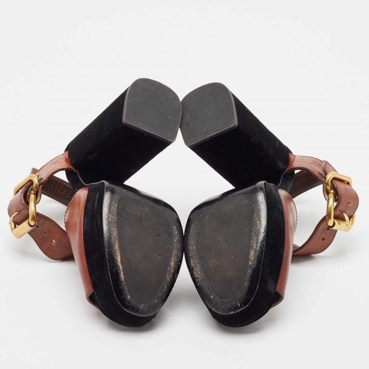 Pre Owned Prada Black/Brown Velvet and Leather Cutout Accent Platform Block Heel Ankle Strap Sandals Size 37