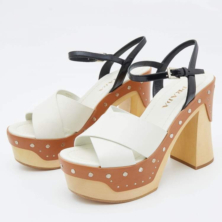 Pre Owned Prada White/Black Leather Studded Platform Block Heel Ankle Strap Sandals Size 37