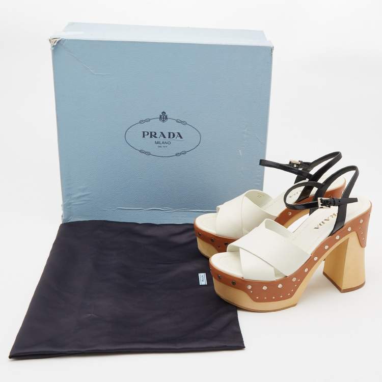 Pre Owned Prada White/Black Leather Studded Platform Block Heel Ankle Strap Sandals Size 37