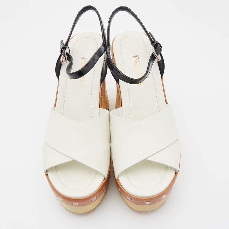 Pre Owned Prada White/Black Leather Studded Platform Block Heel Ankle Strap Sandals Size 37