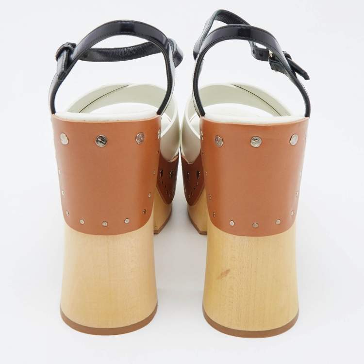 Pre Owned Prada White/Black Leather Studded Platform Block Heel Ankle Strap Sandals Size 37