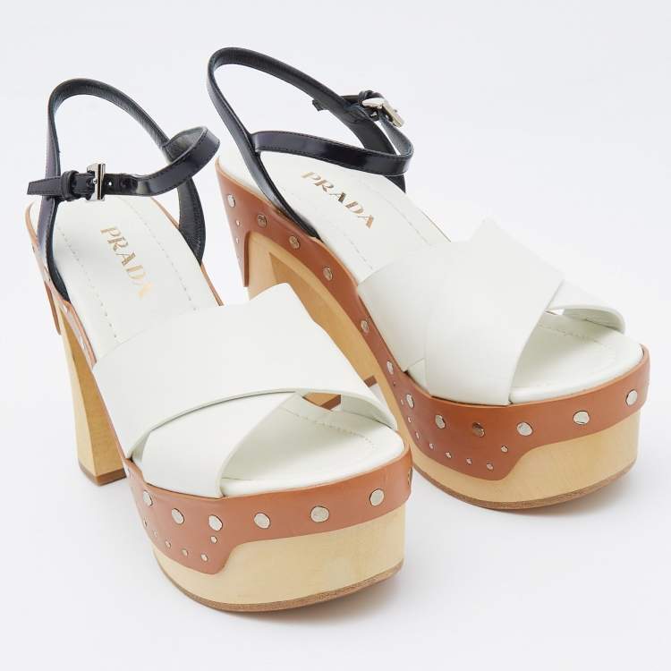 Pre Owned Prada White/Black Leather Studded Platform Block Heel Ankle Strap Sandals Size 37