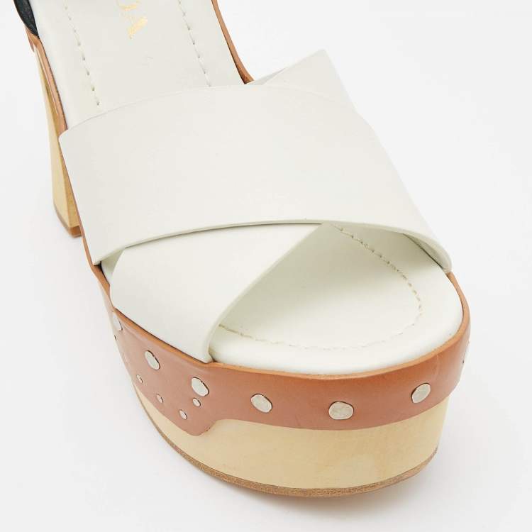 Pre Owned Prada White/Black Leather Studded Platform Block Heel Ankle Strap Sandals Size 37