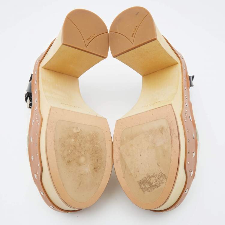 Pre Owned Prada White/Black Leather Studded Platform Block Heel Ankle Strap Sandals Size 37