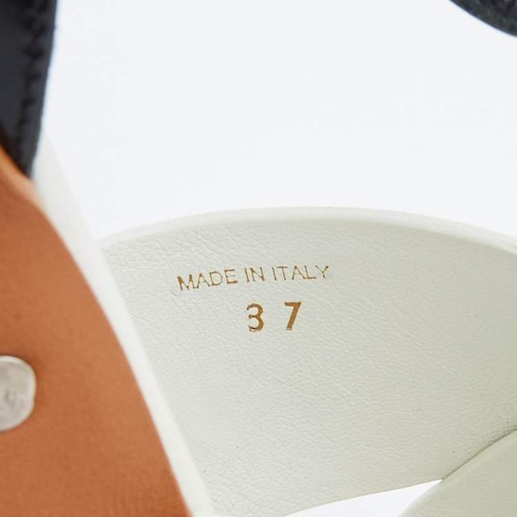 Pre Owned Prada White/Black Leather Studded Platform Block Heel Ankle Strap Sandals Size 37