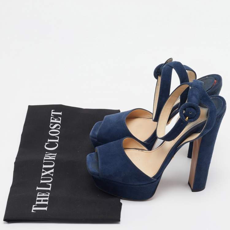 Pre Owned Prada Navy Blue Suede Platform Ankle Strap Sandals Size 37