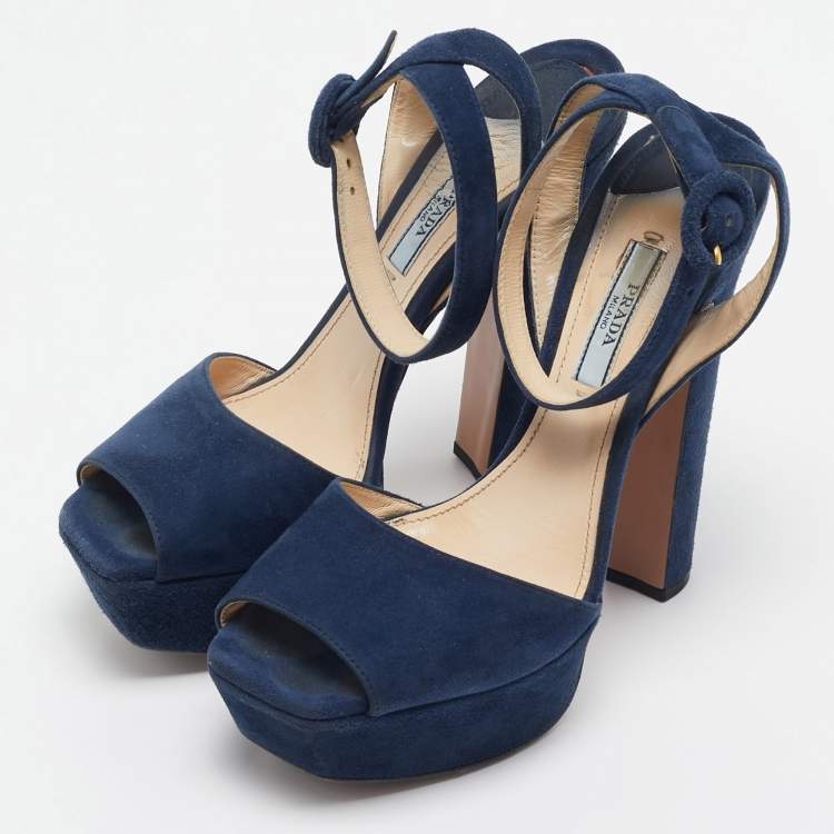 Pre Owned Prada Navy Blue Suede Platform Ankle Strap Sandals Size 37