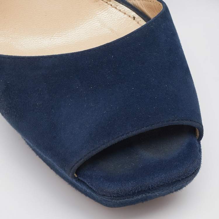 Pre Owned Prada Navy Blue Suede Platform Ankle Strap Sandals Size 37