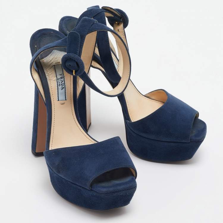 Pre Owned Prada Navy Blue Suede Platform Ankle Strap Sandals Size 37