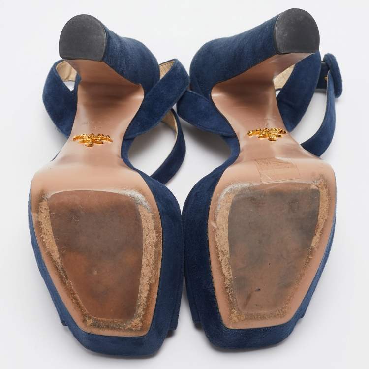 Pre Owned Prada Navy Blue Suede Platform Ankle Strap Sandals Size 37