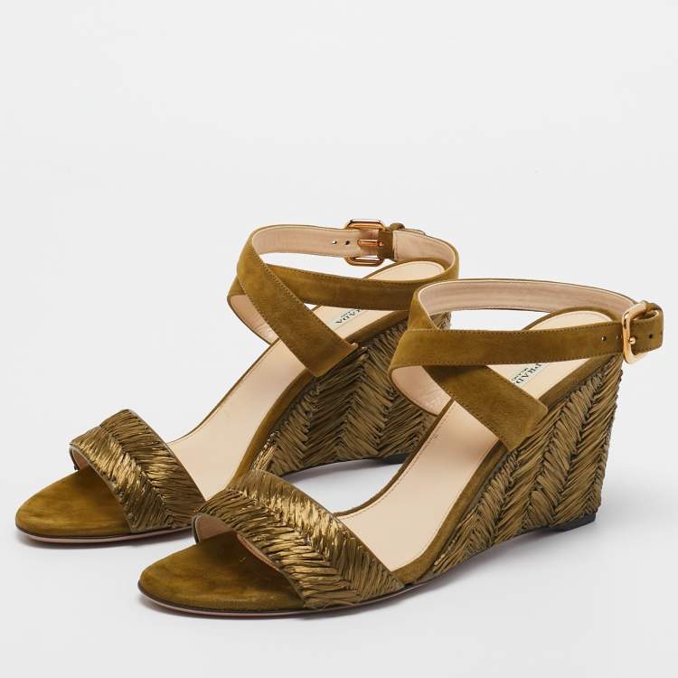 Pre Owned Prada Olive Green Suede and Raffia Wedge Ankle Wrap Sandals Size 41