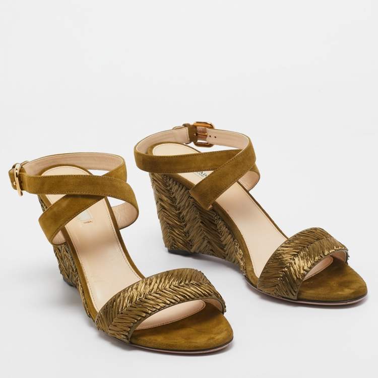Pre Owned Prada Olive Green Suede and Raffia Wedge Ankle Wrap Sandals Size 41